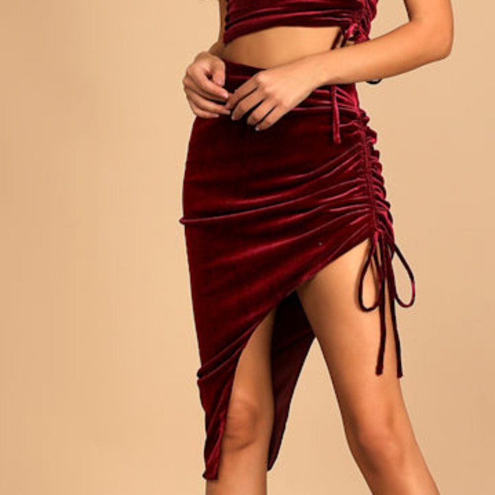 Lulus Flirty And Festive Burgundy Velvet Ruched Midi Skirt Red - Size S